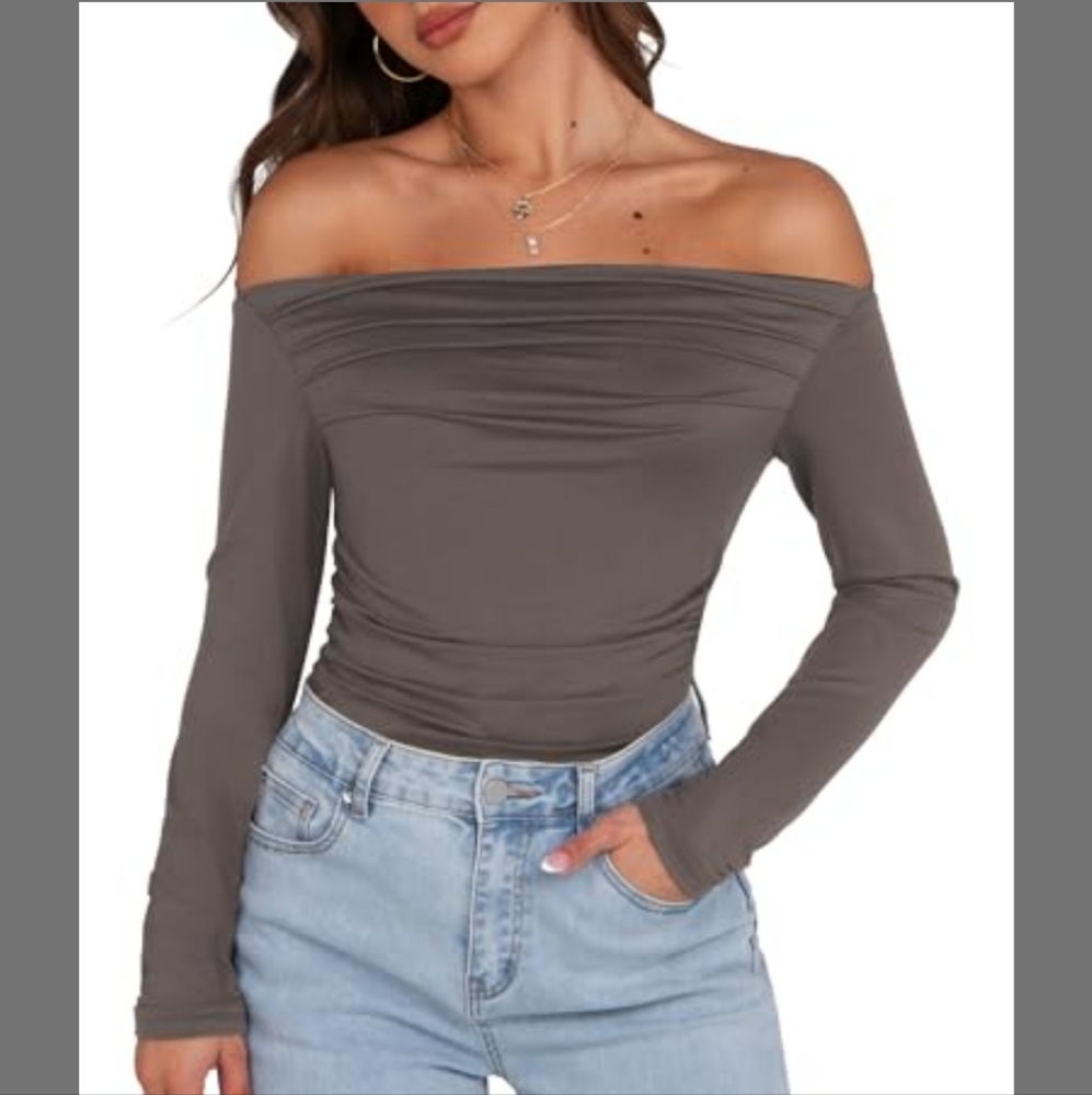Women’s Off The Shoulder Tops Sexy Long Sleeve Shirts Y2K Ruched Slim Fit
